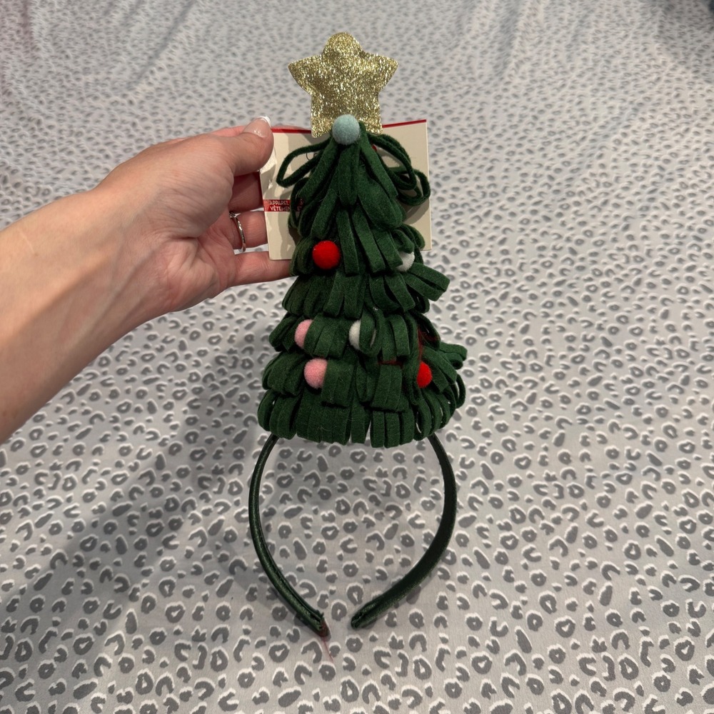 Christmas Tree Headband Green Fringe Pom Poms Glitter Star Holiday Accessory